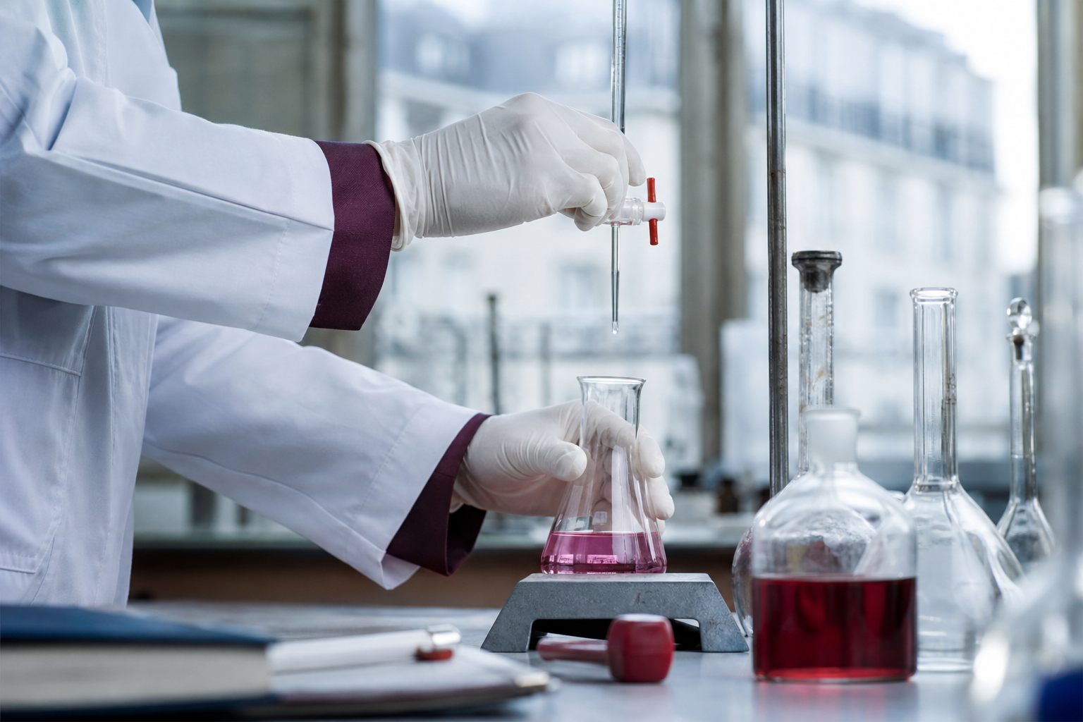 Mains gantées réalisant un titrage de précision avec une burette en verre sur une paillasse d'analyse